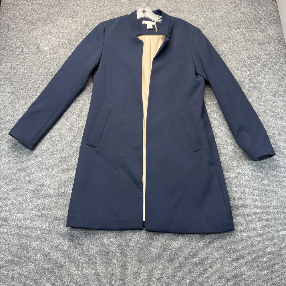 HM Womens Navy Blue Collarless Open Front Duster Coat Minimalist Trench Jacket S